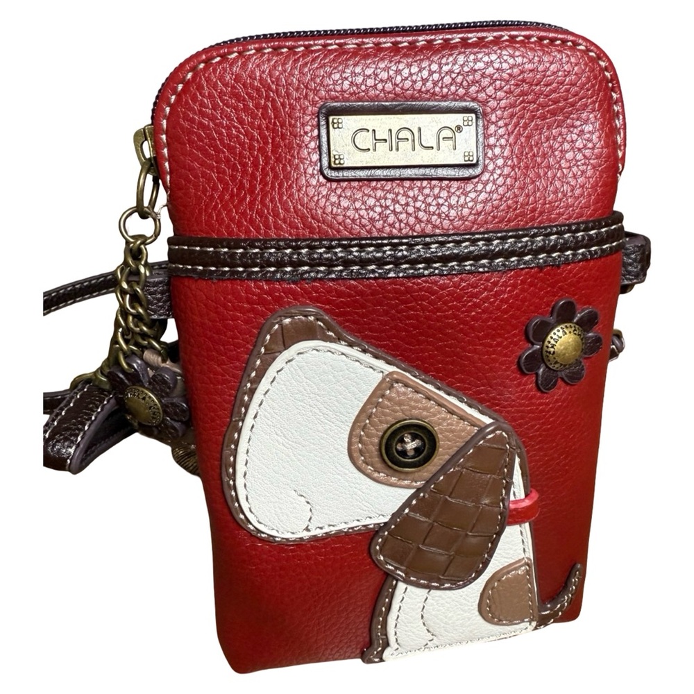 Chala Crossbody Phone Purse – Dog Appliqué, Red Faux Leather | Like New